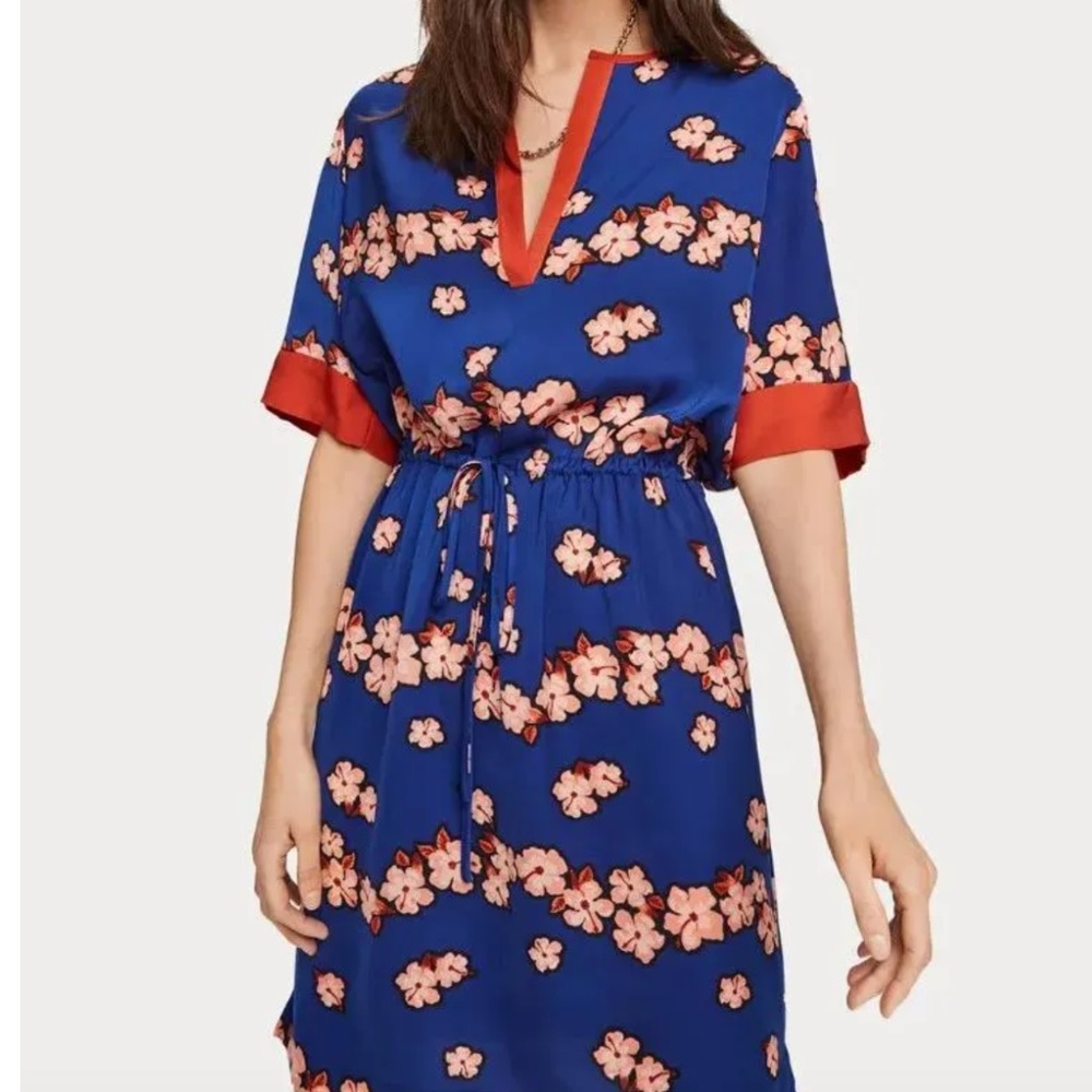 Scotch & Soda Royal Blue Floral Midi Dress with Coral Accents